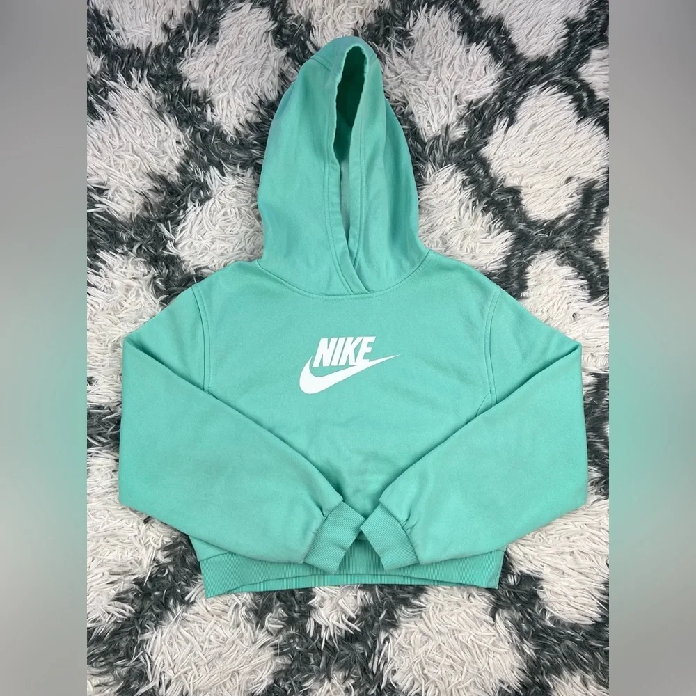 Nike Sportswear Kids Girls Crop Club Fleece Pullover Hoodie Sz Large Mint Green